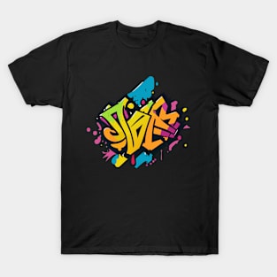 an urban t-shirt inspired by graffiti art and street culture, bold, colorful graffiti-style typography and street art elements T-Shirt